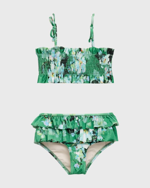 Girl's Everley Shirred Floral-Print Frill Bikini, Size 1-12